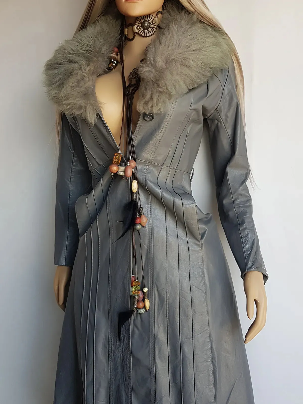 1970s Grey Spy Coat with Fur Collar - Penny Lane Almost Famous Leather Coat - Beautiful Leather Panelling & Perfect Knee Length
