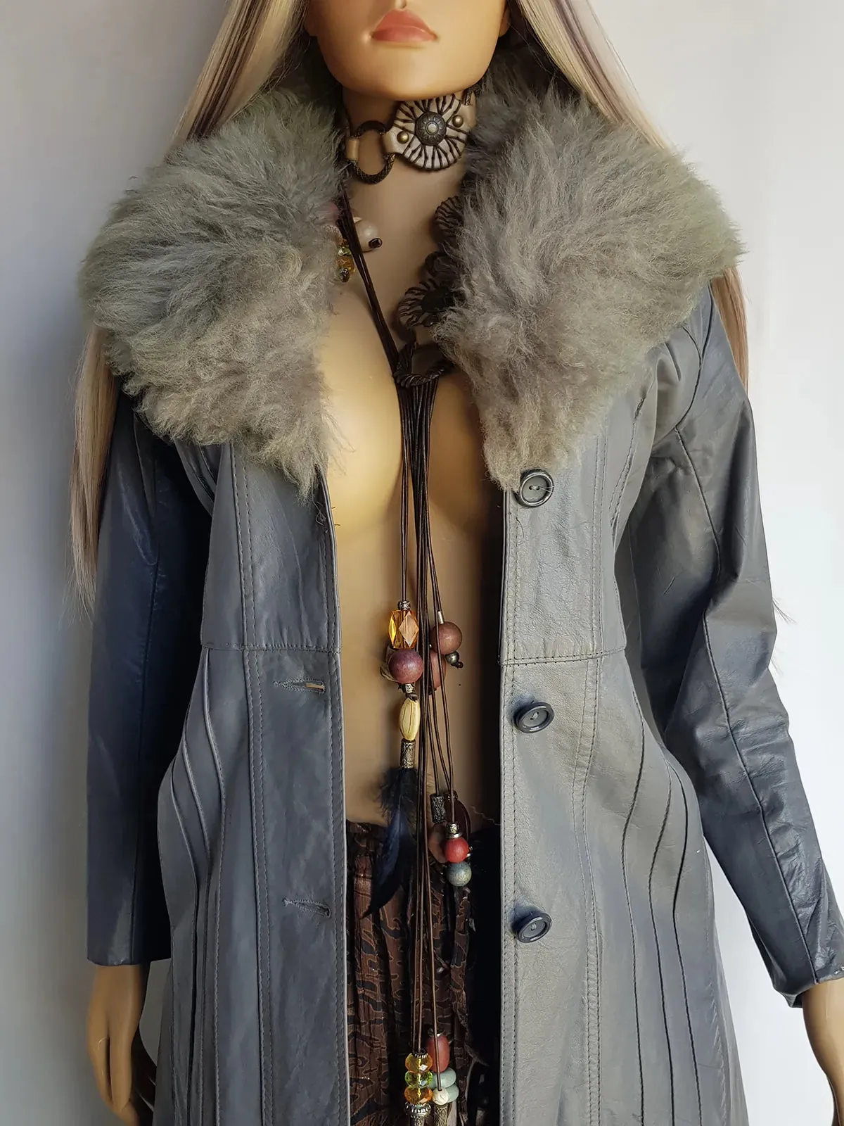 1970s Grey Spy Coat with Fur Collar - Penny Lane Almost Famous Leather Coat - Beautiful Leather Panelling & Perfect Knee Length