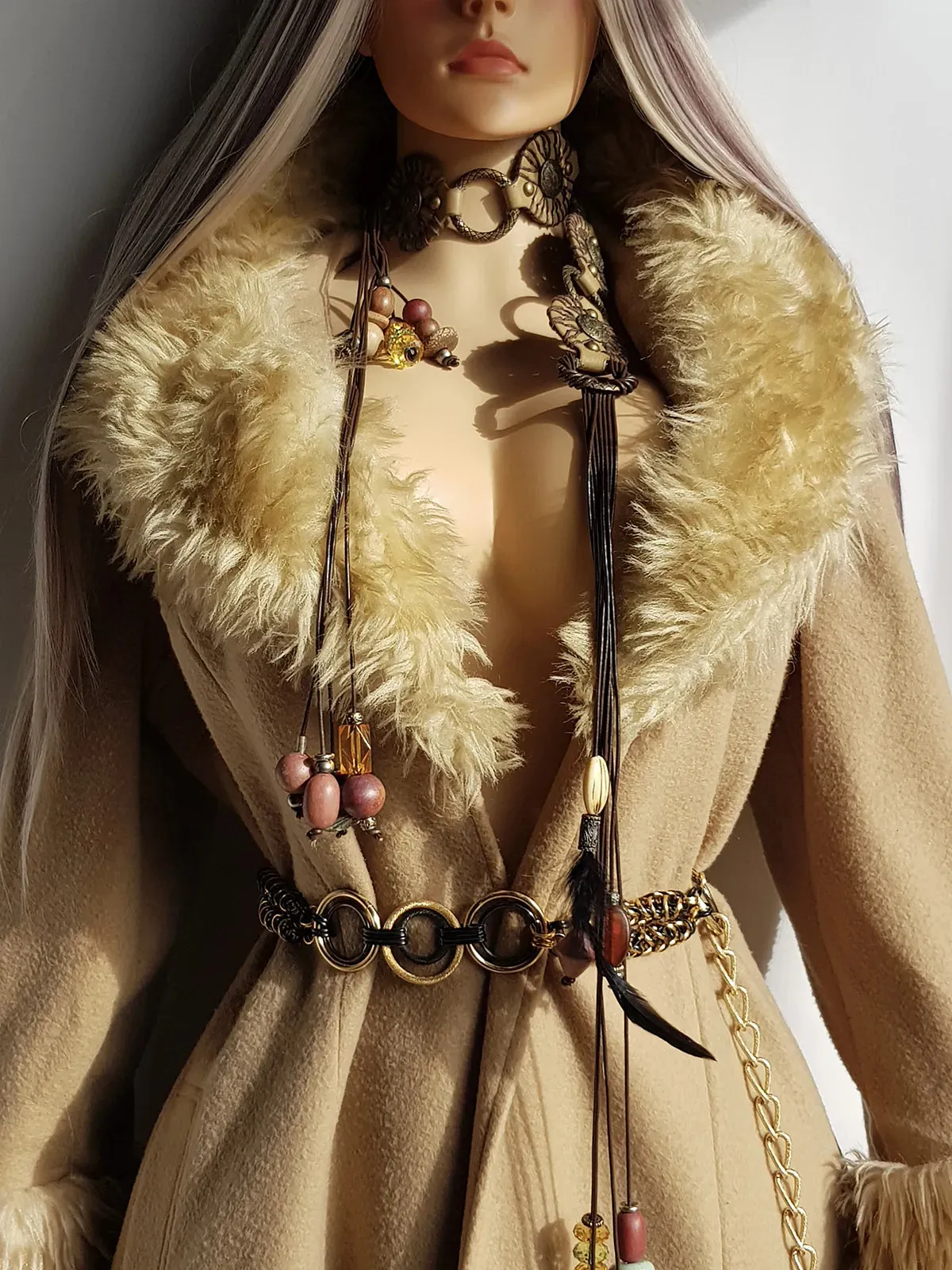 Absolute Knockout Penny Lane Princess Coat - Incredible Hourglass Shape - Camel Tones - Wool with Vegan Fur Collar & Cuffs