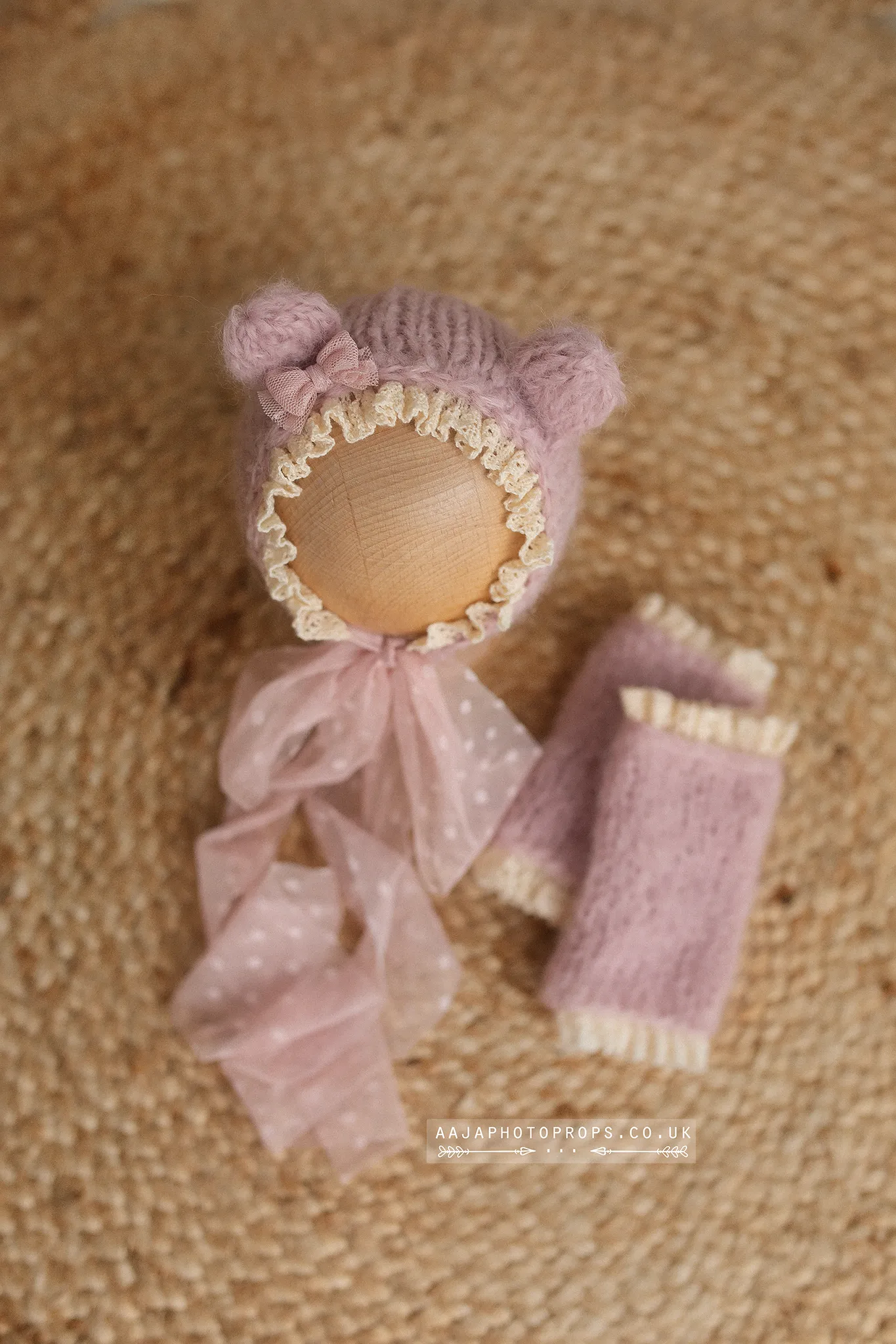 Baby newborn bear bonnet leg warmers set, pink, lace, made to order
