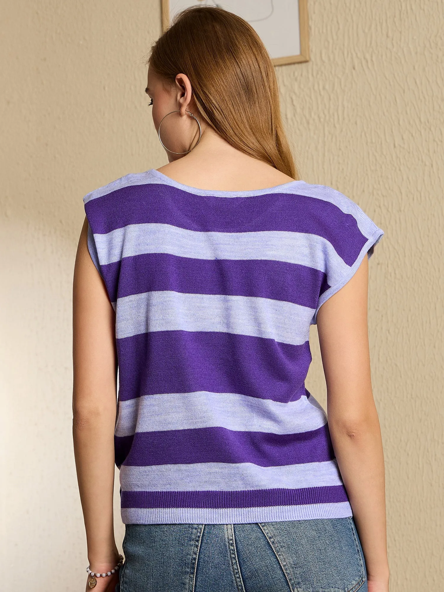 Berrylush Women Purple Striped Scoop Neck Sleeveless Knitted Sweater