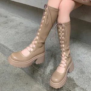 binfenxie Designer Summer Women High Boots Fashion Lace Up Platform Heel Shoes Ladies Elegant Women's Hollow Out Footwear