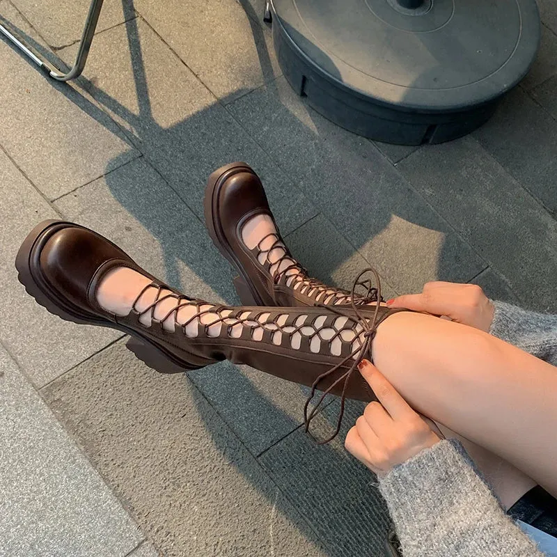 binfenxie Designer Summer Women High Boots Fashion Lace Up Platform Heel Shoes Ladies Elegant Women's Hollow Out Footwear