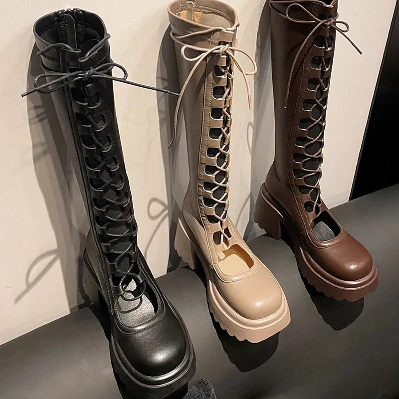 binfenxie Designer Summer Women High Boots Fashion Lace Up Platform Heel Shoes Ladies Elegant Women's Hollow Out Footwear