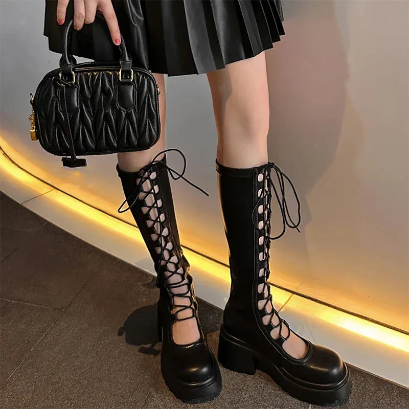 binfenxie Designer Summer Women High Boots Fashion Lace Up Platform Heel Shoes Ladies Elegant Women's Hollow Out Footwear