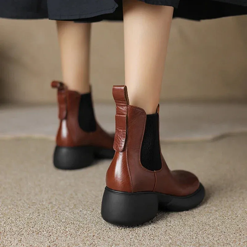 binfenxie NEW Autumn/Winter Women Boots Genuine Leather Shoes for Women Round Toe Chunky Heel Boots Slip-on Platform Boots