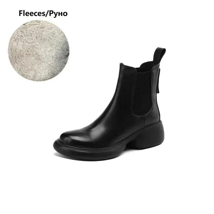 binfenxie NEW Autumn/Winter Women Boots Genuine Leather Shoes for Women Round Toe Chunky Heel Boots Slip-on Platform Boots