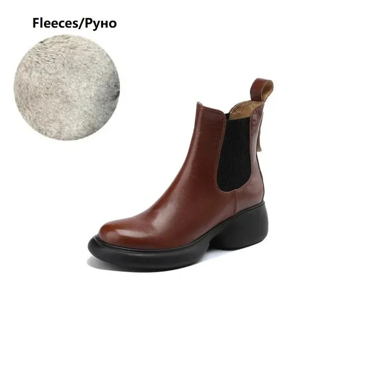 binfenxie NEW Autumn/Winter Women Boots Genuine Leather Shoes for Women Round Toe Chunky Heel Boots Slip-on Platform Boots