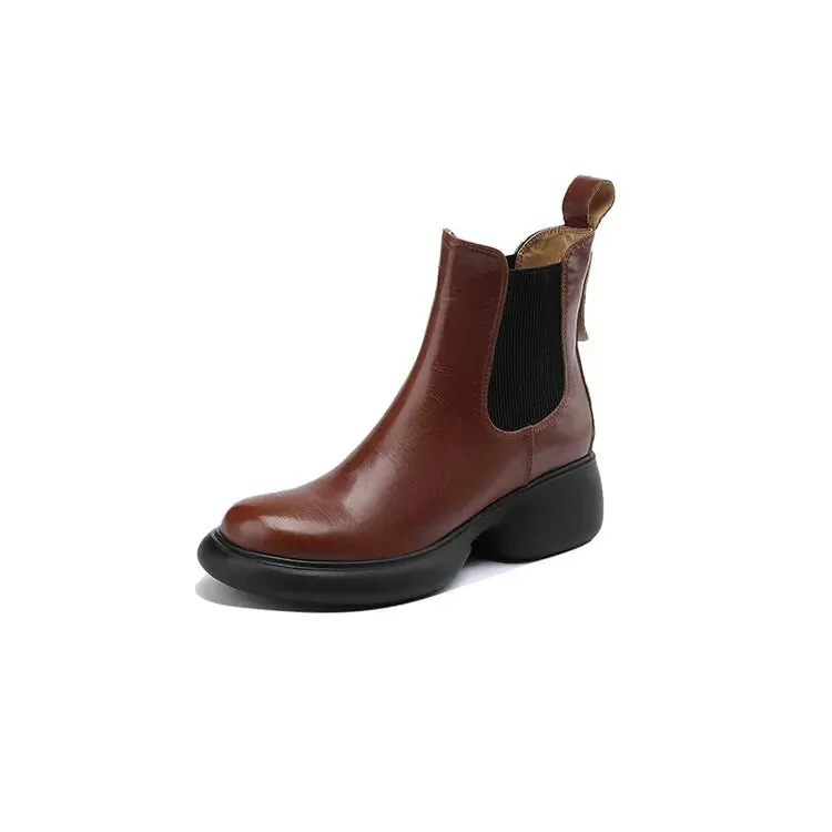 binfenxie NEW Autumn/Winter Women Boots Genuine Leather Shoes for Women Round Toe Chunky Heel Boots Slip-on Platform Boots