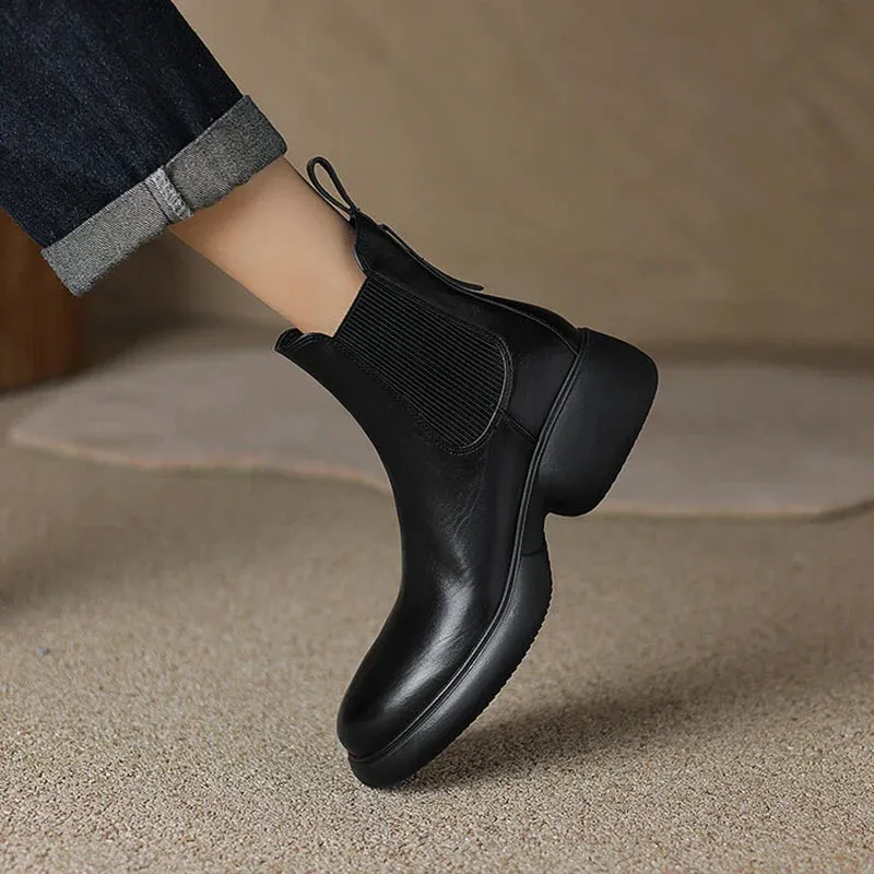 binfenxie NEW Autumn/Winter Women Boots Genuine Leather Shoes for Women Round Toe Chunky Heel Boots Slip-on Platform Boots