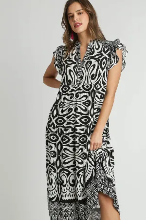 Black and White Geometric Print Ruffle Sleeve Midi Dress