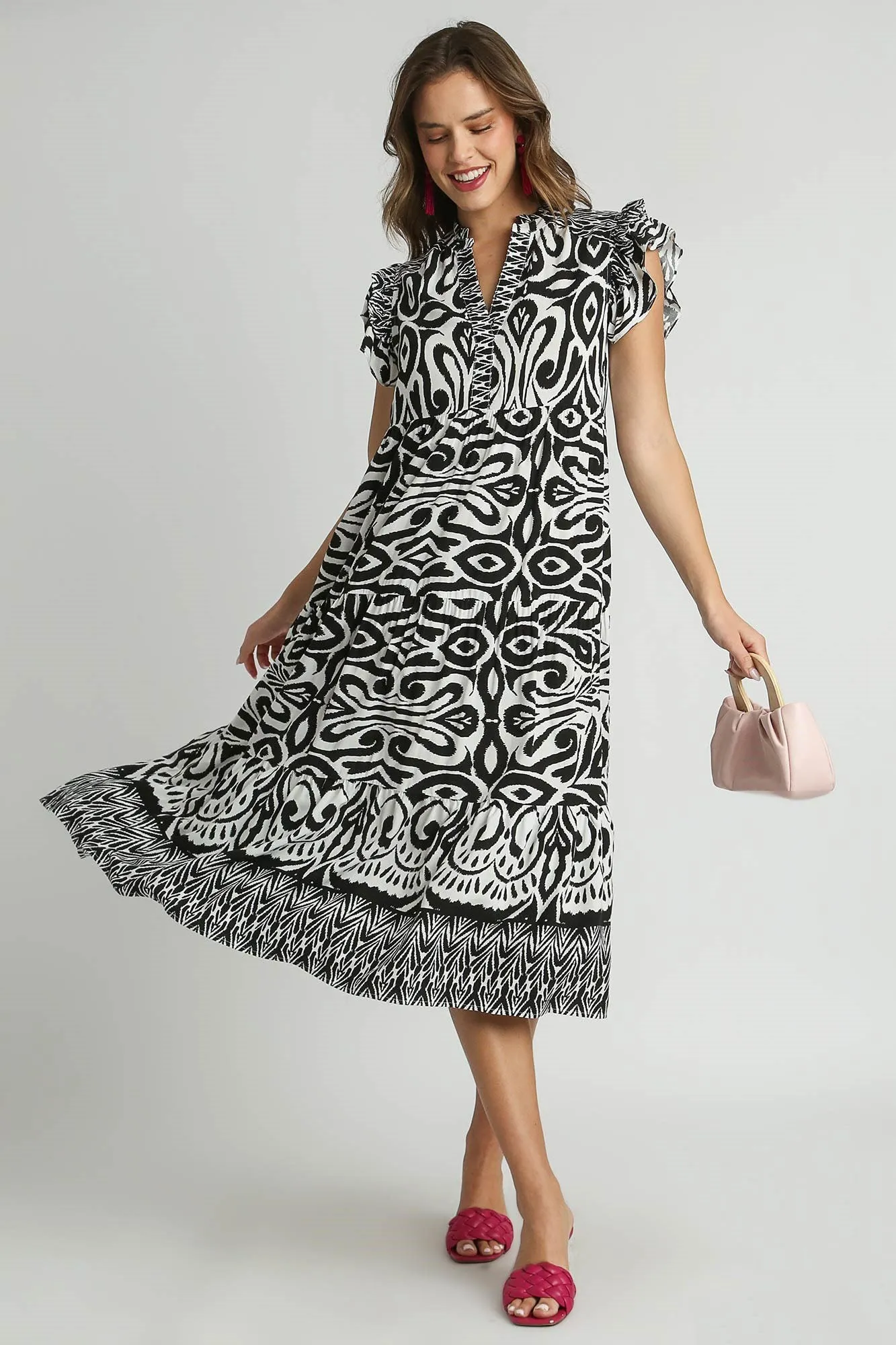Black and White Geometric Print Ruffle Sleeve Midi Dress