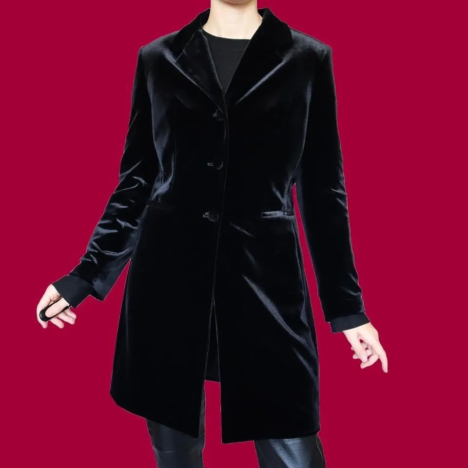 Black velvet long line jacket UK M