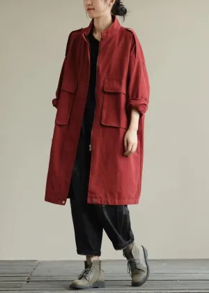 Bohemian zippered pockets fine fall Coats Women red baggy coat