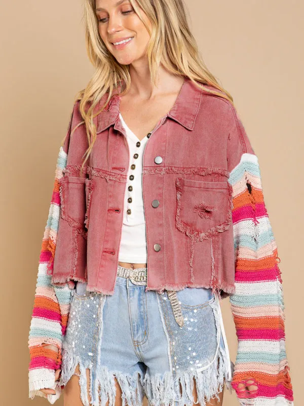 Boho Denim Rainbow Distressed Knit Sleeves Jacket