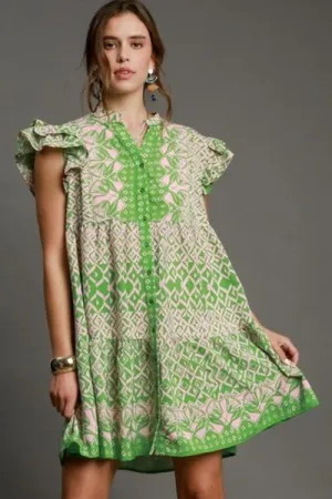 Boho Mixed Print Ruffled Button-Down Mini Dress