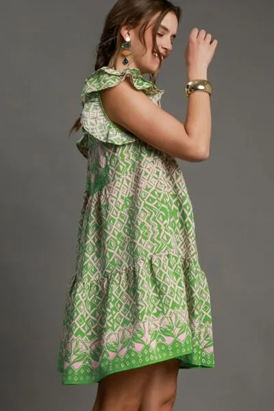 Boho Mixed Print Ruffled Button-Down Mini Dress