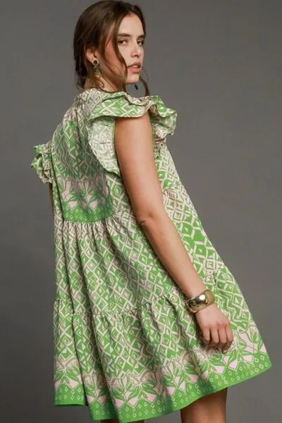 Boho Mixed Print Ruffled Button-Down Mini Dress
