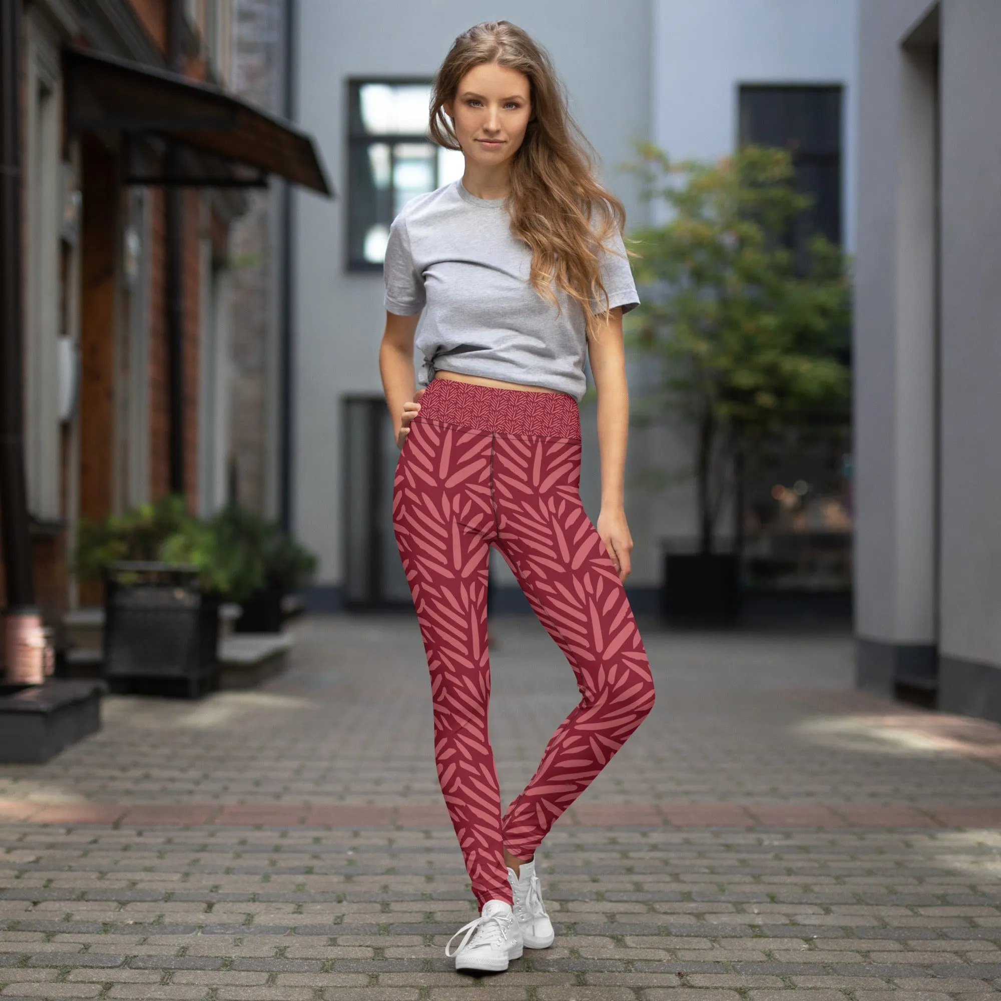 Burgundy Leaf High Waist Leggings