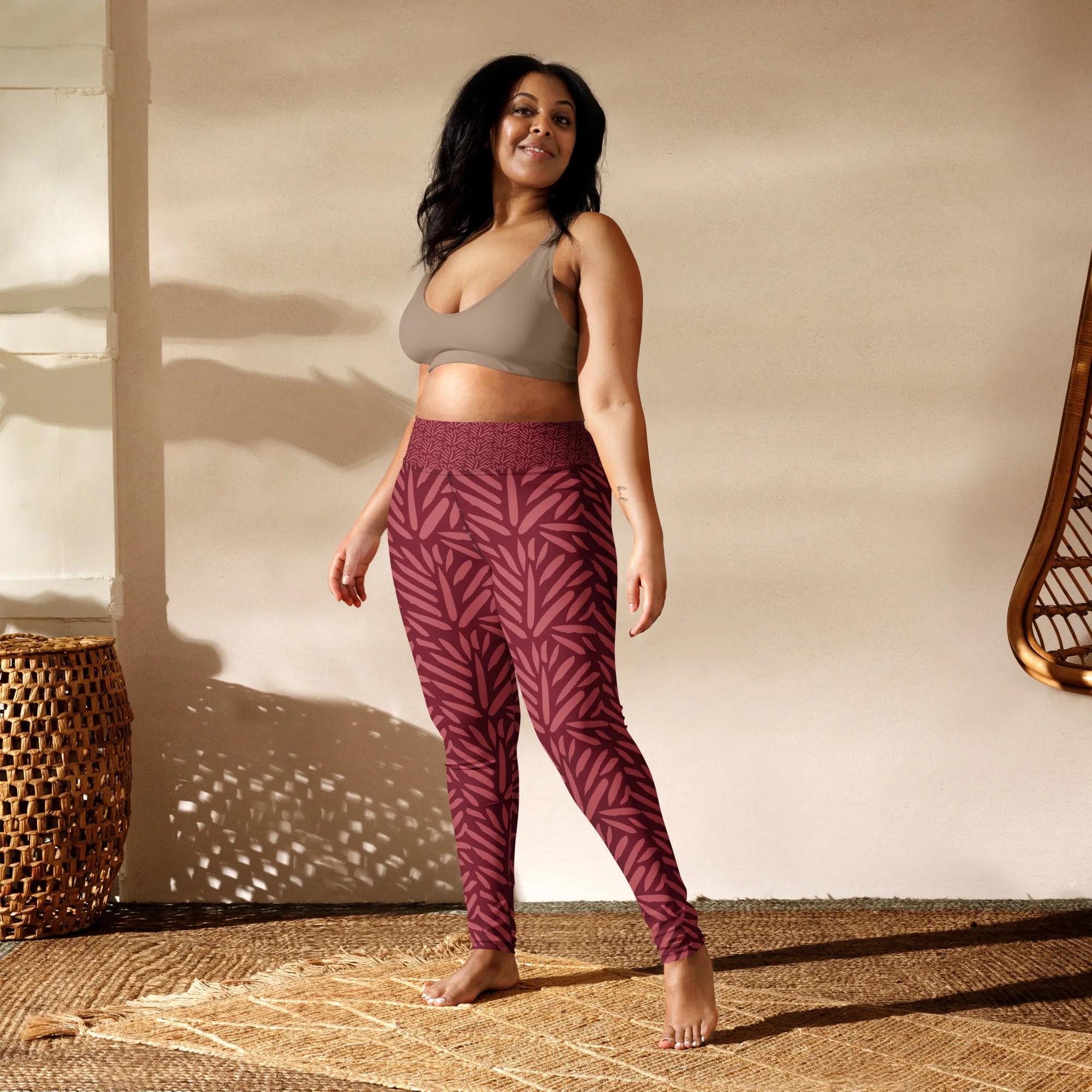 Burgundy Leaf High Waist Leggings
