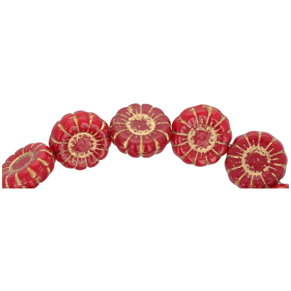 Czech Glass 13mm Red Opaline Gold Wash Sunflower Bead Strand by Raven's Journey