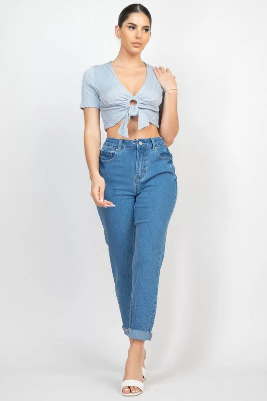 Denim Raw-Cut Rolled Mom Jeans