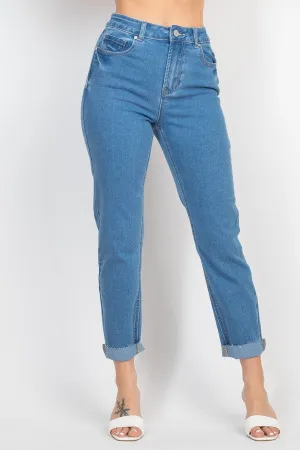 Denim Raw-Cut Rolled Mom Jeans