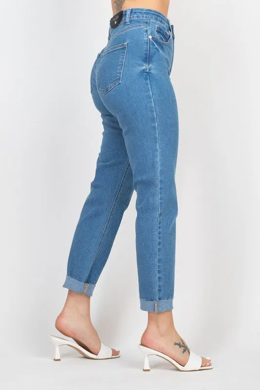Denim Raw-Cut Rolled Mom Jeans