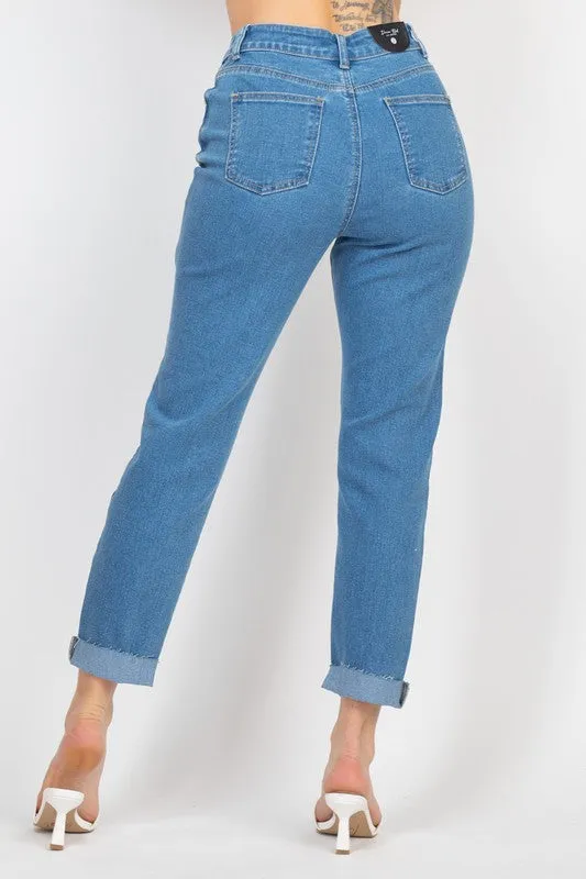 Denim Raw-Cut Rolled Mom Jeans