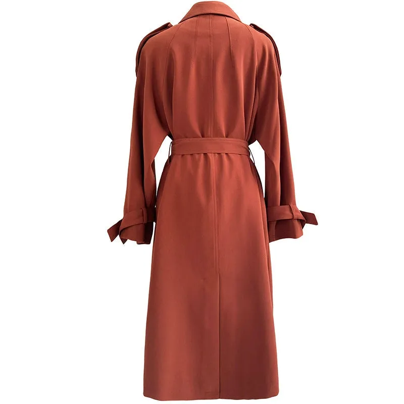 Draping British Loose Mid-Length Over The Knee Trench Coat Hawthorn Red