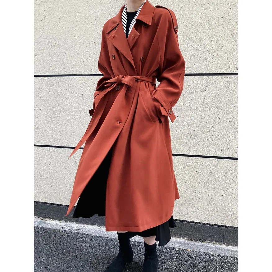 Draping British Loose Mid-Length Over The Knee Trench Coat Hawthorn Red