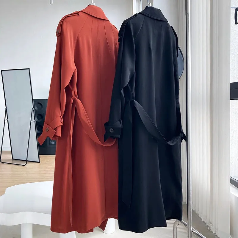Draping British Loose Mid-Length Over The Knee Trench Coat Hawthorn Red