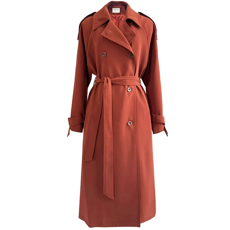 Draping British Loose Mid-Length Over The Knee Trench Coat Hawthorn Red
