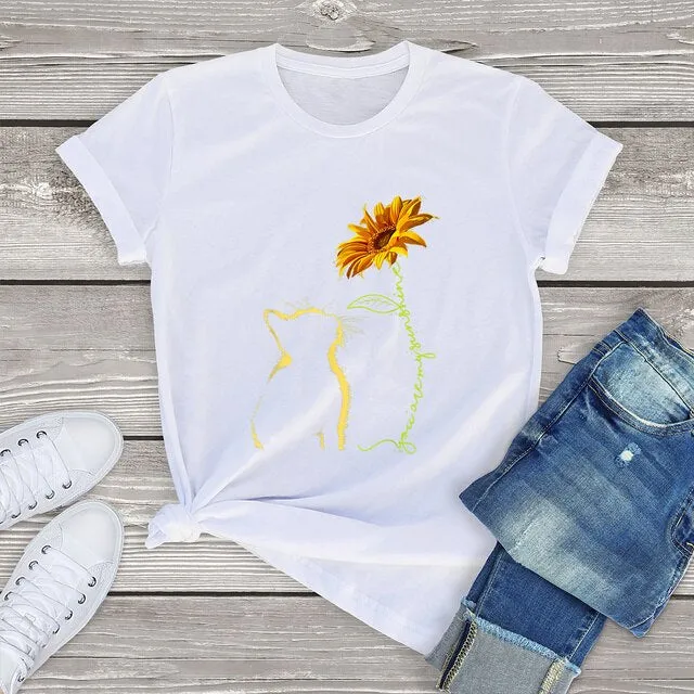 Funki Buys | Shirts | Women's Sunflower and Cat Printed Tee