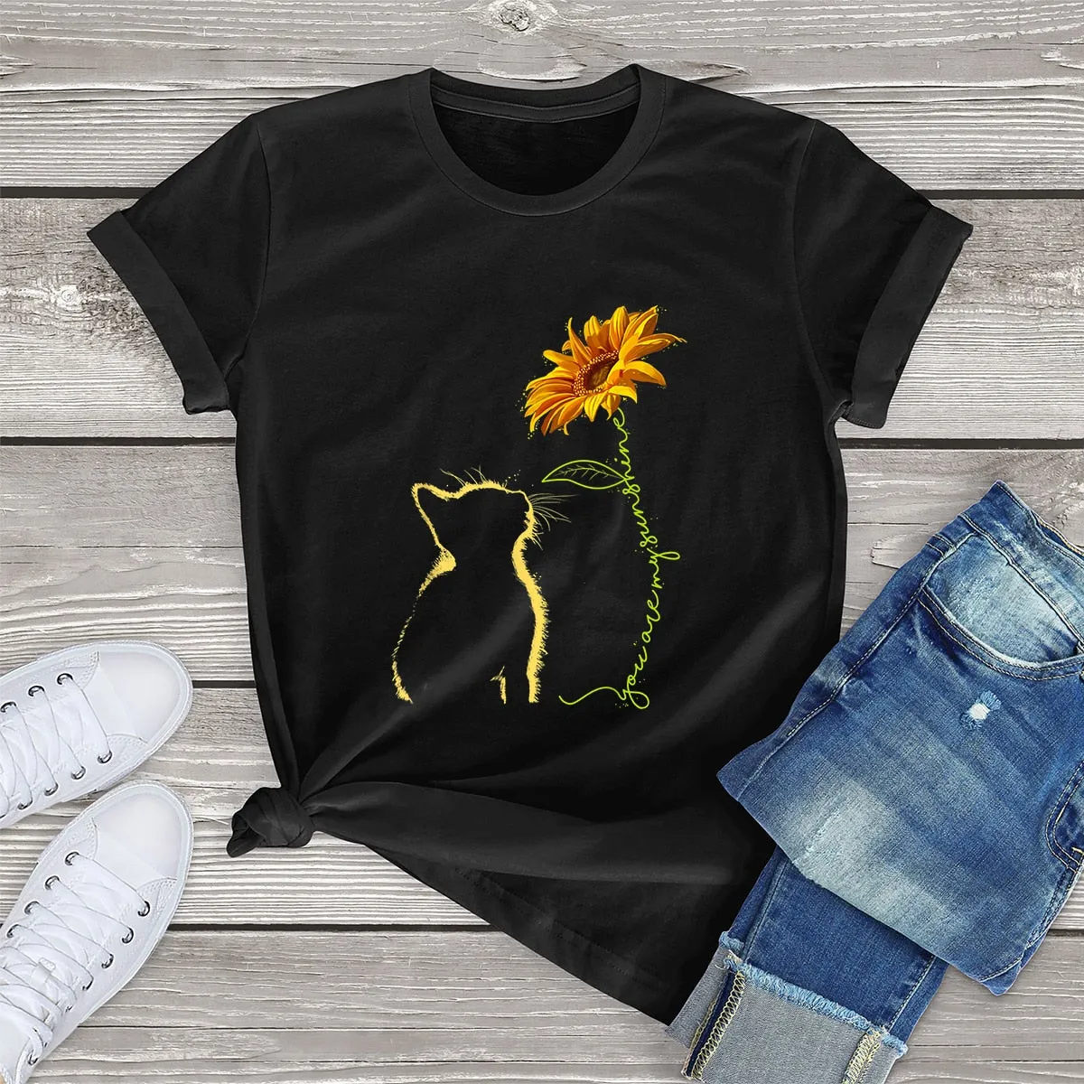 Funki Buys | Shirts | Women's Sunflower and Cat Printed Tee
