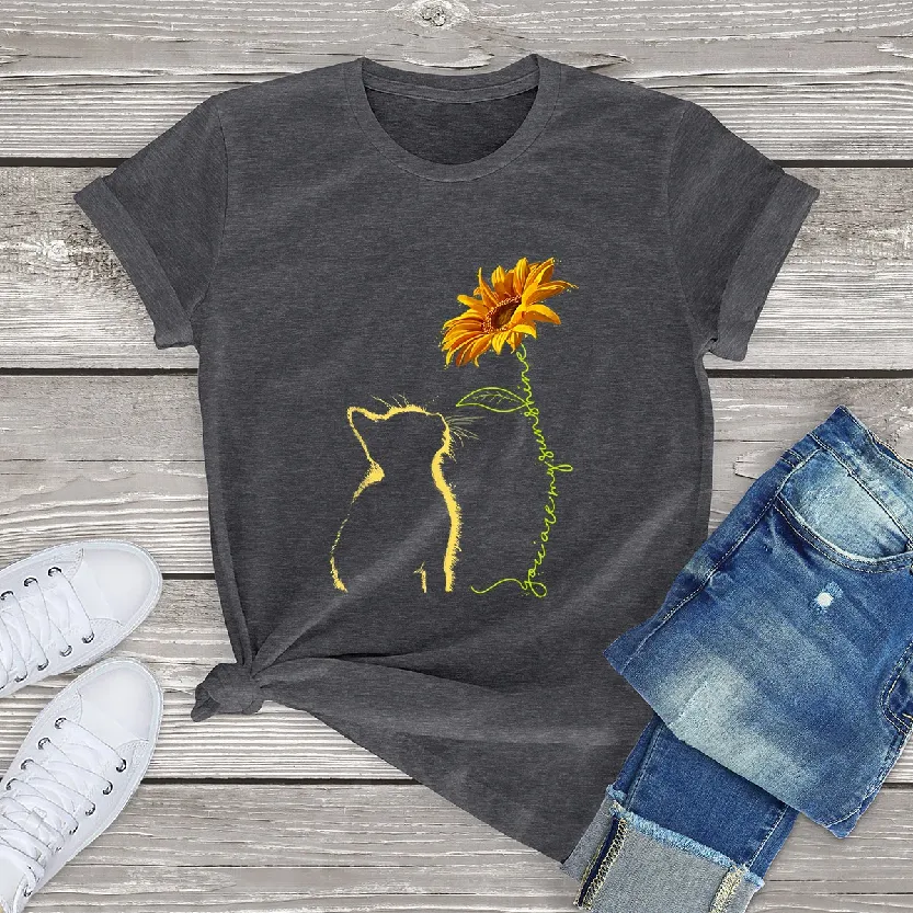 Funki Buys | Shirts | Women's Sunflower and Cat Printed Tee