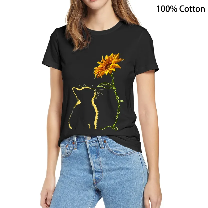 Funki Buys | Shirts | Women's Sunflower and Cat Printed Tee