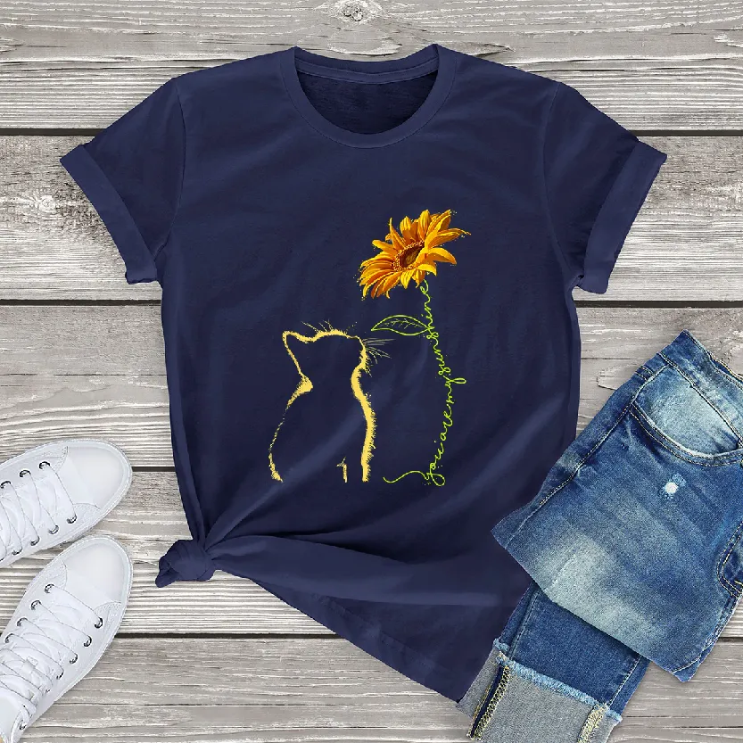 Funki Buys | Shirts | Women's Sunflower and Cat Printed Tee