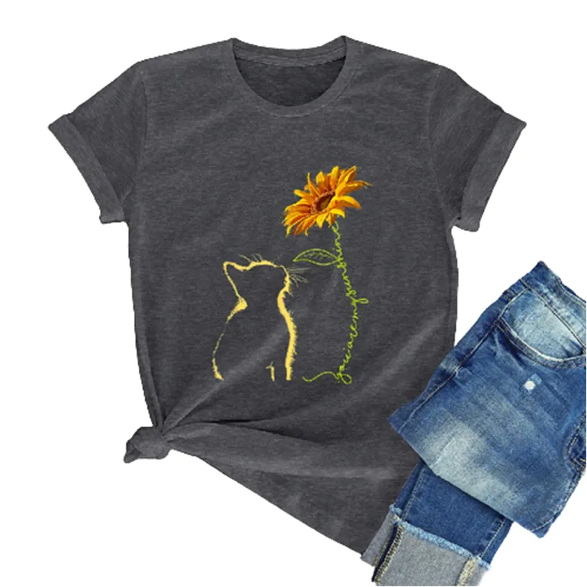 Funki Buys | Shirts | Women's Sunflower and Cat Printed Tee