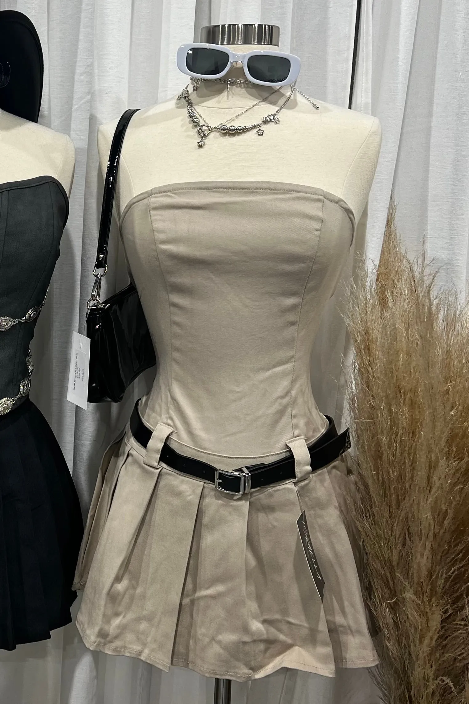 Gretch Strapless Pleated Mini Dress (Khaki Brown)