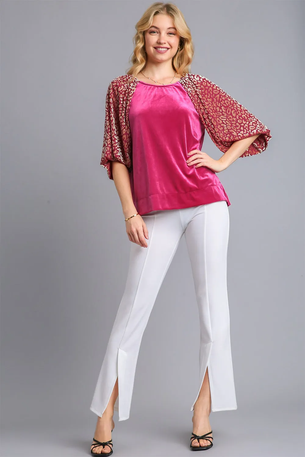 Leopard Balloon Sleeve Velvet Top – Round Neck Statement Blouse
