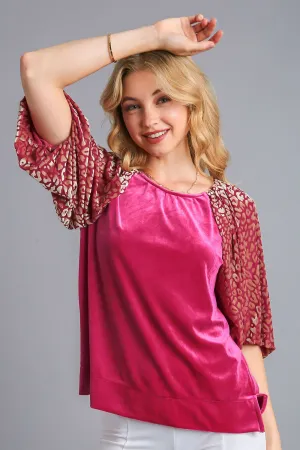 Leopard Balloon Sleeve Velvet Top – Round Neck Statement Blouse