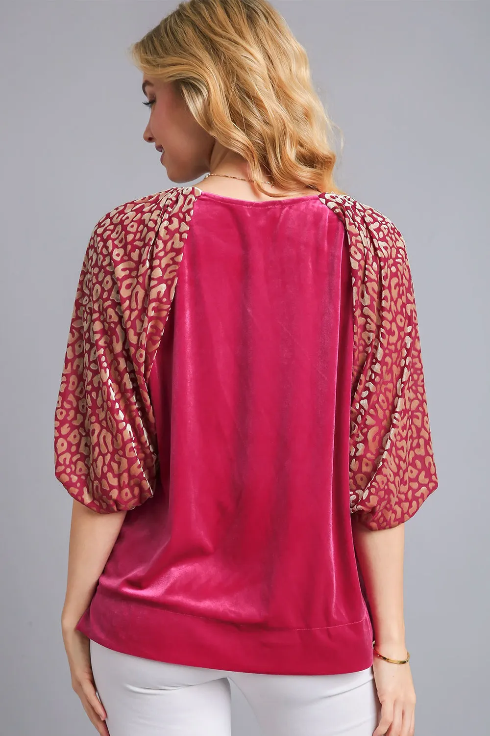 Leopard Balloon Sleeve Velvet Top – Round Neck Statement Blouse
