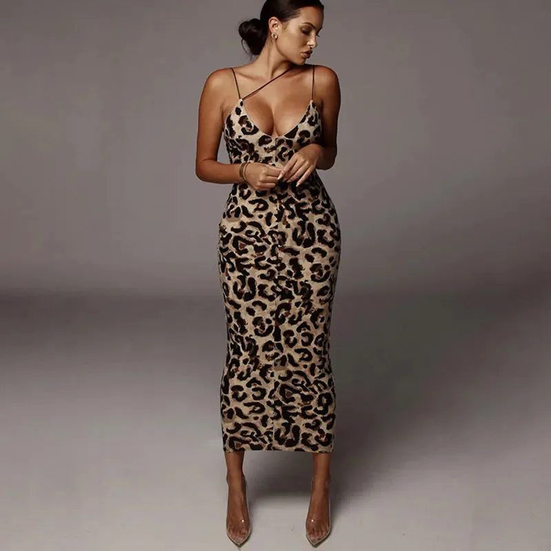 leopard print sleeveless V-neck sexy midi dress*
