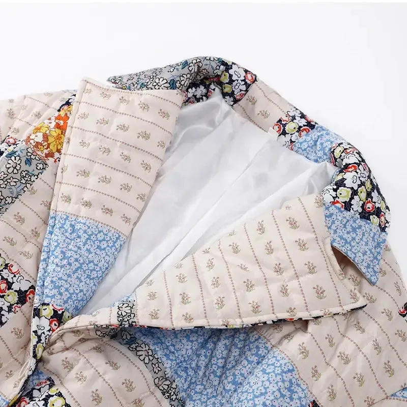 Long Sleeve Flower Coral Print Lapel Coat