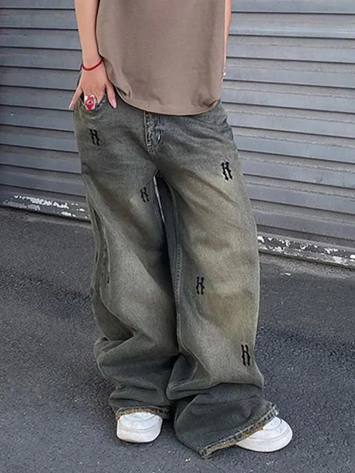 Low Rise Lettering Print Washed Wide Leg Jeans