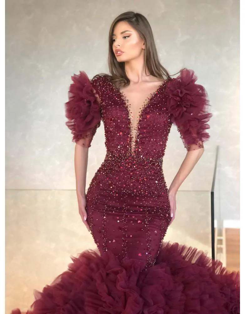 Luxury Evening Gown Dark Red Shiny