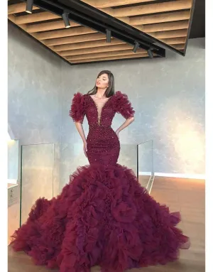 Luxury Evening Gown Dark Red Shiny