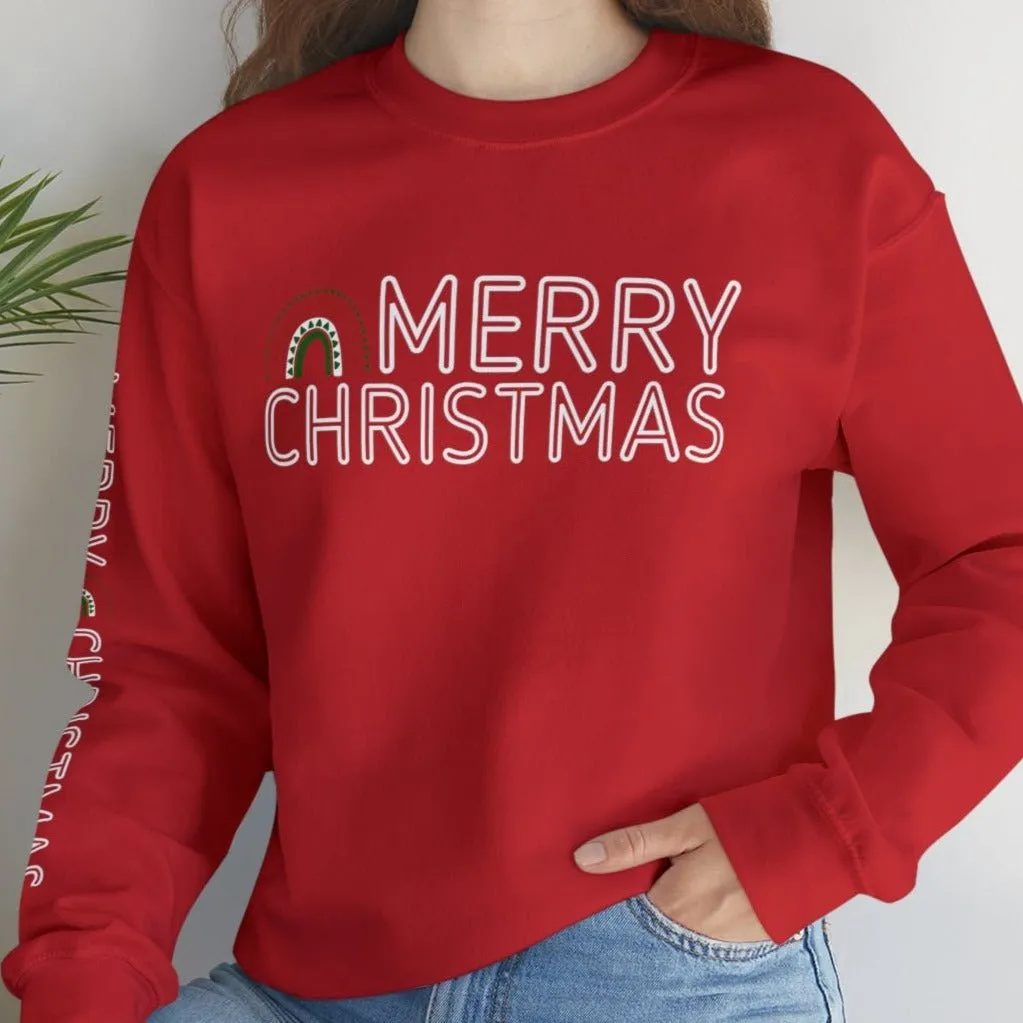 Merry Christmas Rainbow Women's Sweatshirt: Festive Arm Detail and Cheerful Graphic