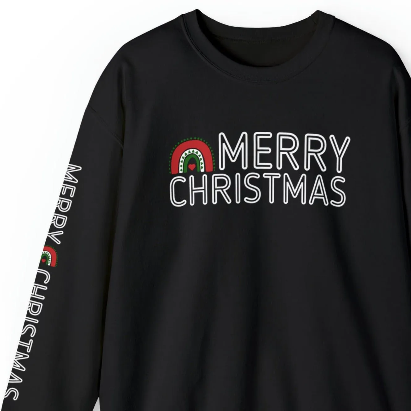 Merry Christmas Rainbow Women's Sweatshirt: Festive Arm Detail and Cheerful Graphic